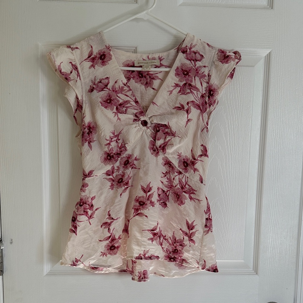 Floral V-Neck Blouse with Cap Sleeves